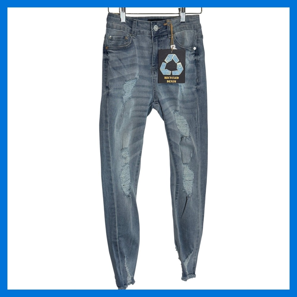 Indigo Rein High Rise Crop Distressed Skinny Jeans Repreve Recycled Denim Blue 1